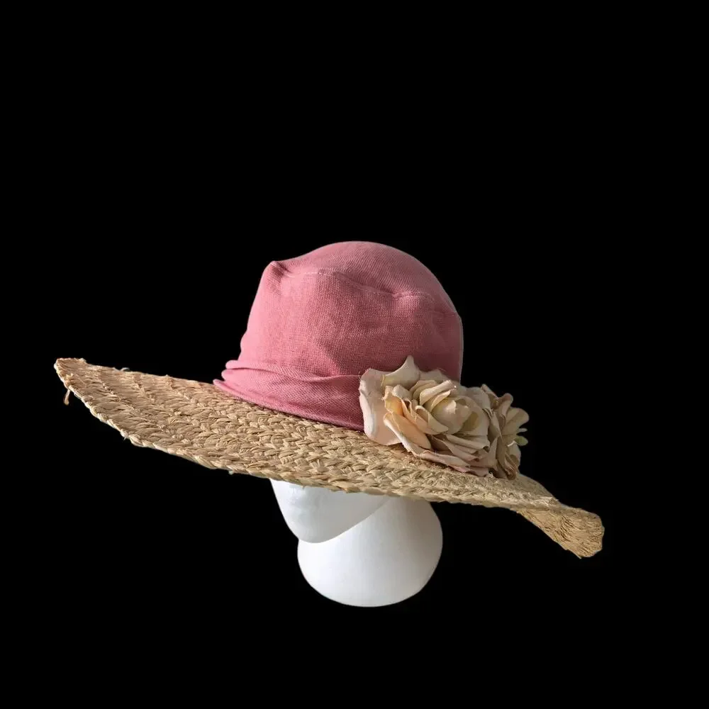 Vintage Hoodlums Ltd Floppy Sun Hat Pink Flowers Straw Brim Cottagecore One Size - Picture 16 of 16